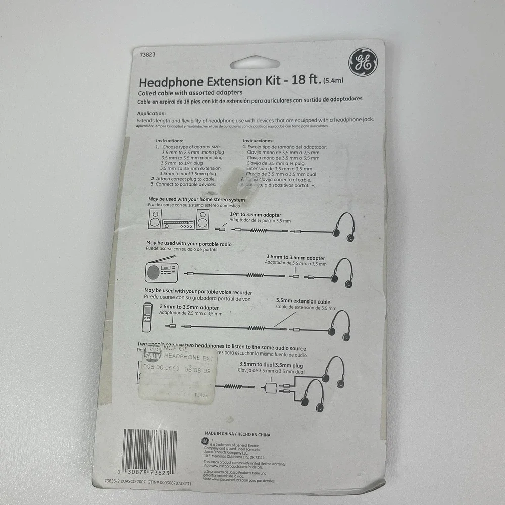 GE Headphone Extension Kit Cable Adapters 18 Feet Unopened In Package